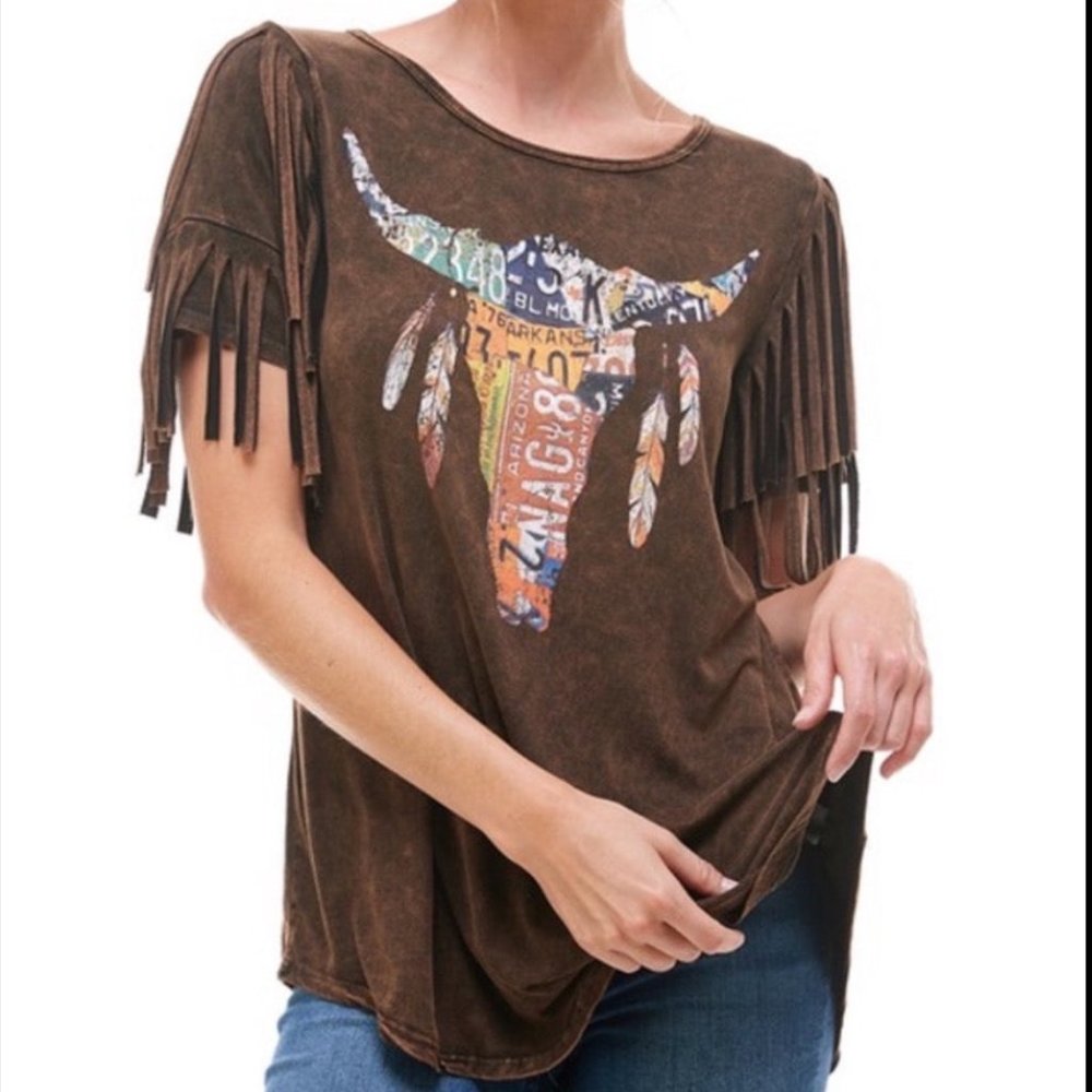 Mineral Washed License Plate Bull Skull Fringe Top